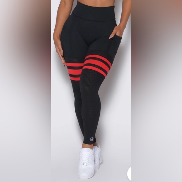 Bombshell Sportswear Scrunch Thigh Highs- Black and Red Leggings - Picture 5 of 16